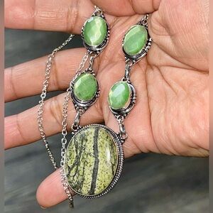 Serpentine Healerite & Cats Eye Pendant Necklace